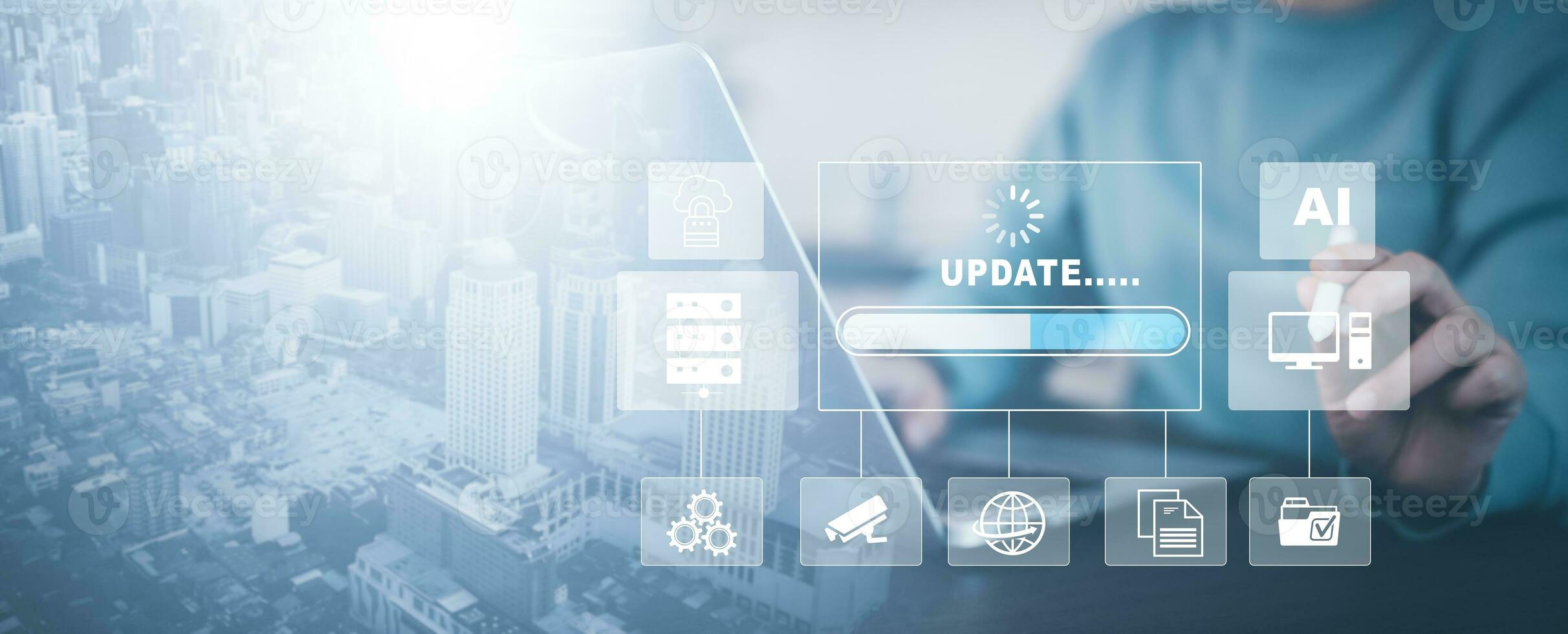 Businessman hold laptop with Update Software Computer Program Upgrade Business Technology Internet, Update on virtual screen. Internet and technology concept, loading bar with installing the update. photo