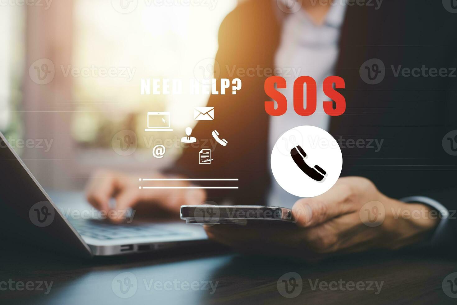 SOS with Emergency app concept, Business people using a laptop and touch bar Emergency app at home, call phone, Chat message icon, Emergency application from smartphone for elderly, call for help photo