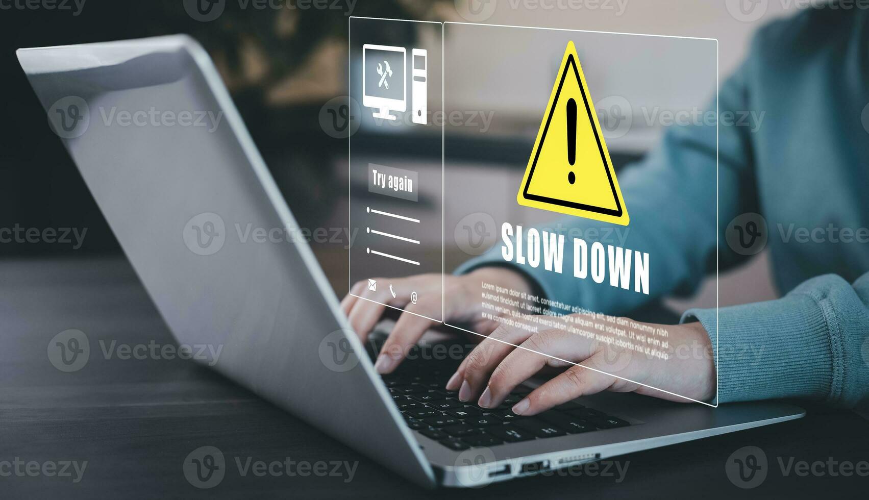 notification error and maintenance with triangle caution warning sign for notification error, Programmer using laptop with triangle caution warning sign, hacker attacks , cyber crime, cyber security photo