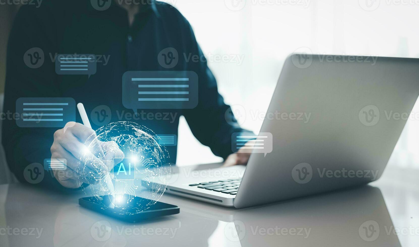Programmer people working laptops or smartphones with AI, artificial intelligence software engineer coding on laptop computers with technology icons and binary code, big data, Ai bot digital machine photo