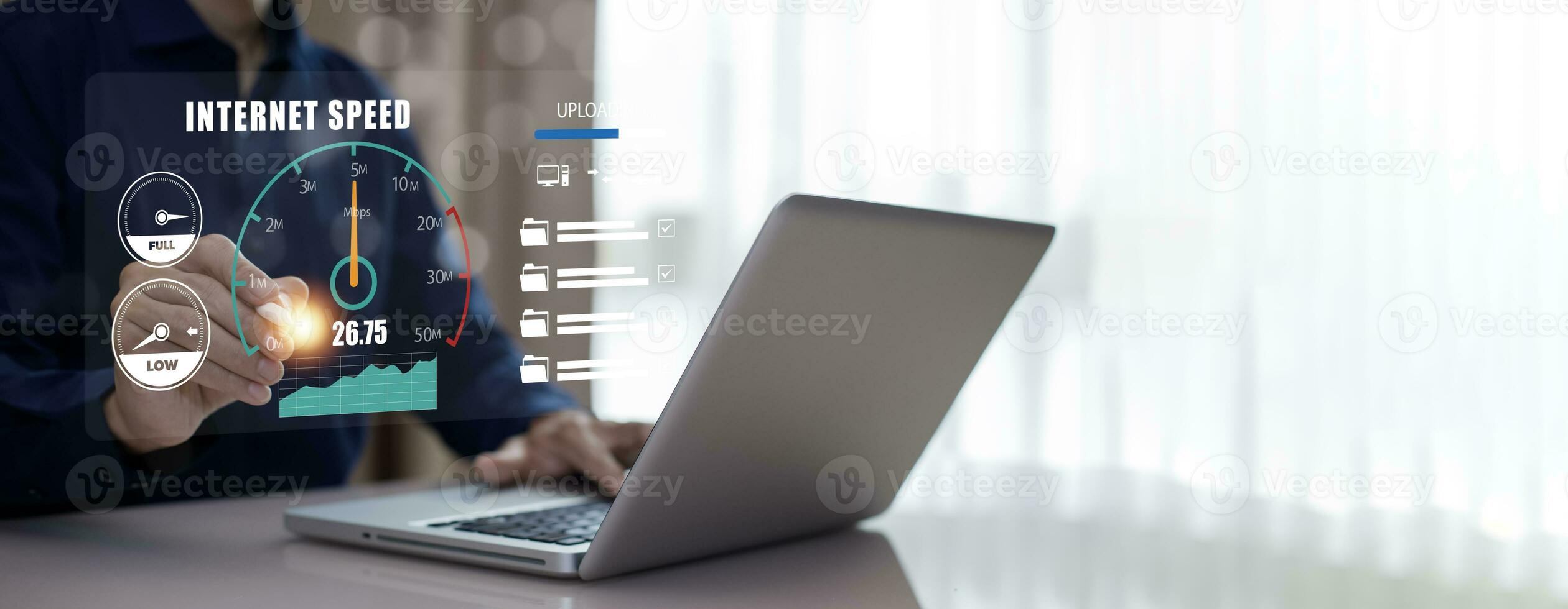 Fast internet connection with Metaverse technology concept, Programmer people working  laptop with Virtual screen of Internet speed measurement, Internet and technology concept, 6G High-speed internet photo