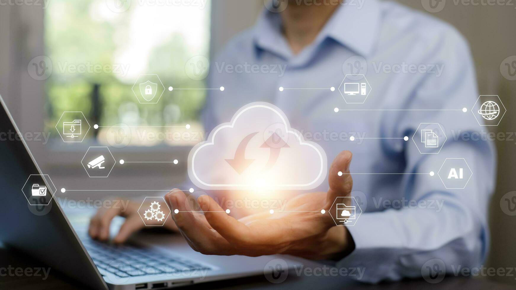 Business people using laptop with cloud computing system , Storage and data transfer Cloud network, Cloud technology. Networking and internet service, sharing download and upload and internet service photo