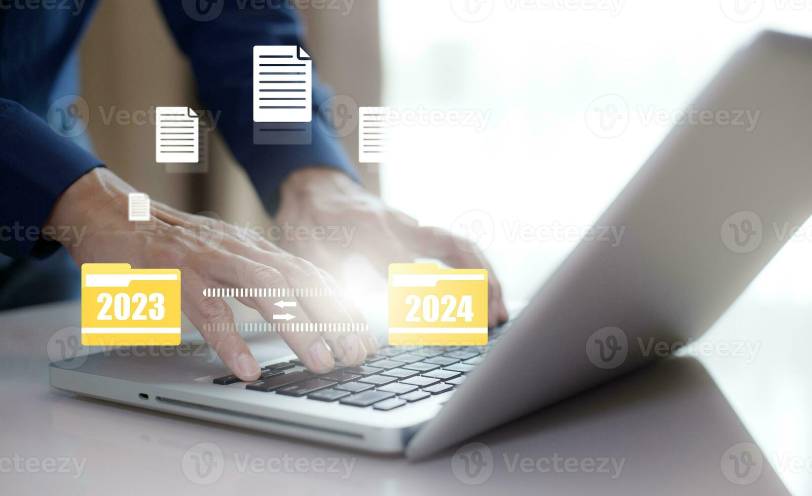 Online documentation database and document management system concept, Businessman using a tablet or computer, Document Management System and Automation software to archiving and efficiently manage. photo