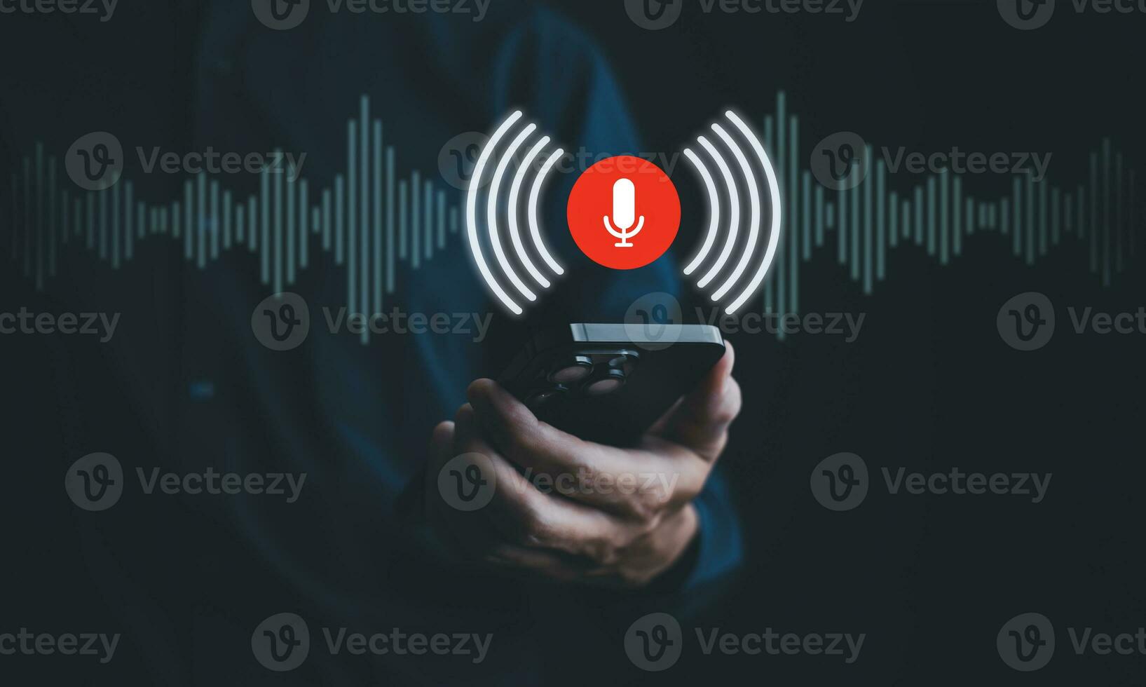 Businessman using mobile and touch microphone button on virtual screen. Blog blog speak talk advertising presentation,Voice recognition, speech detection and deep learning application,Voice Assistance photo