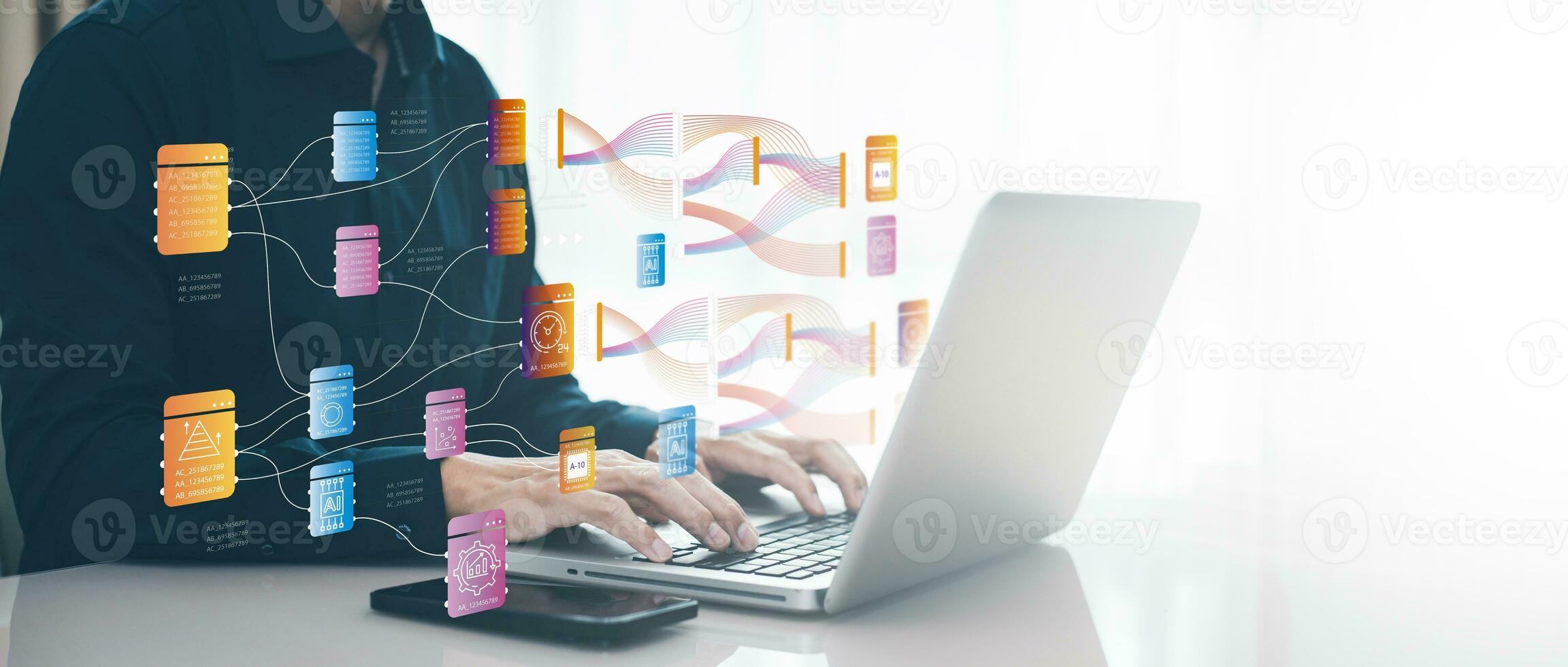 Businessman using a laptop with Analytics and Data Management Systems  Analyst working in Business Analytics and Data Management Systems to make reports and corporate strategy for finance, operations photo