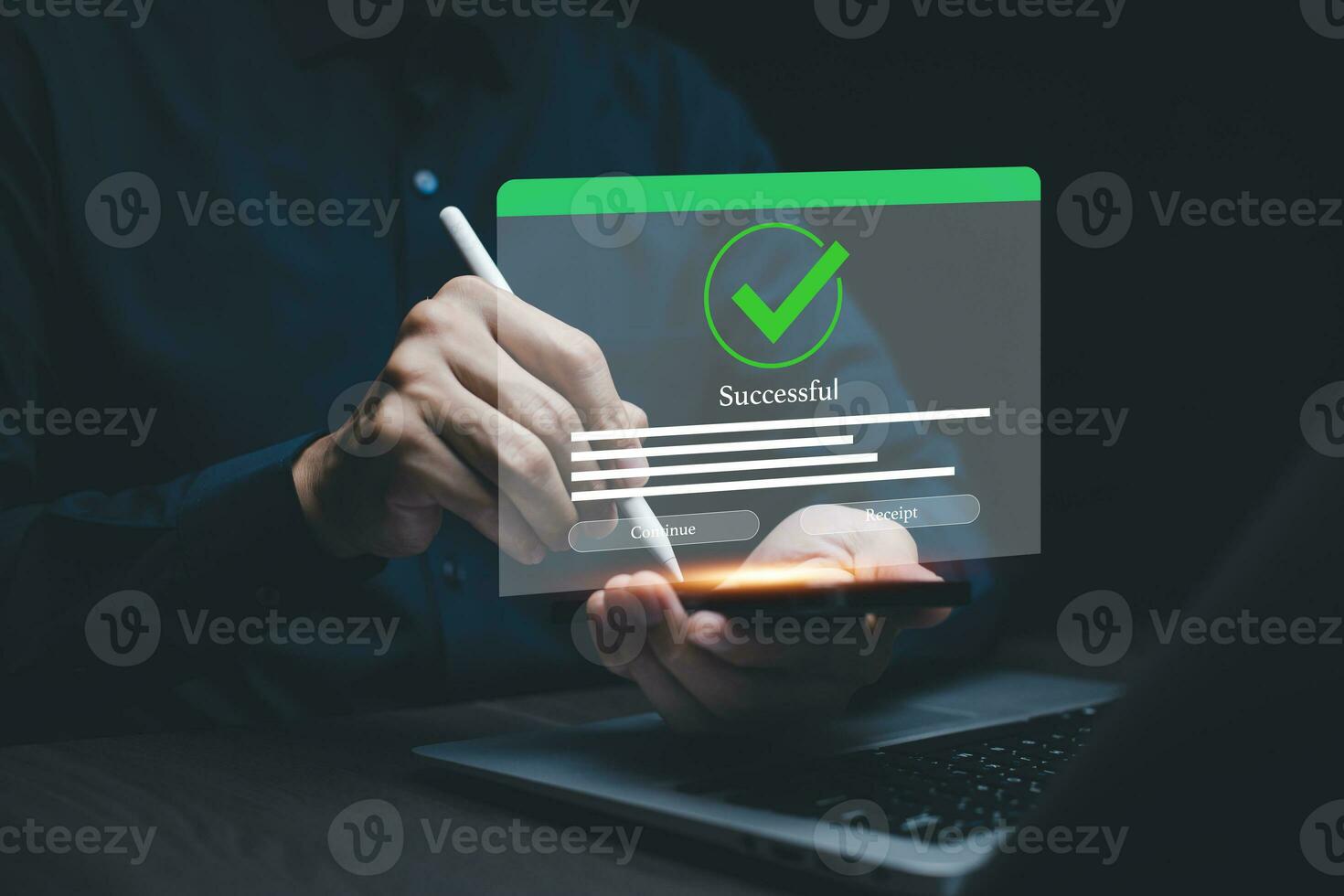 Online payment with digital marketing, Businessman touch banking online bill payment Approved concept button, credit card and network connection icon on business technology virtual screen background photo