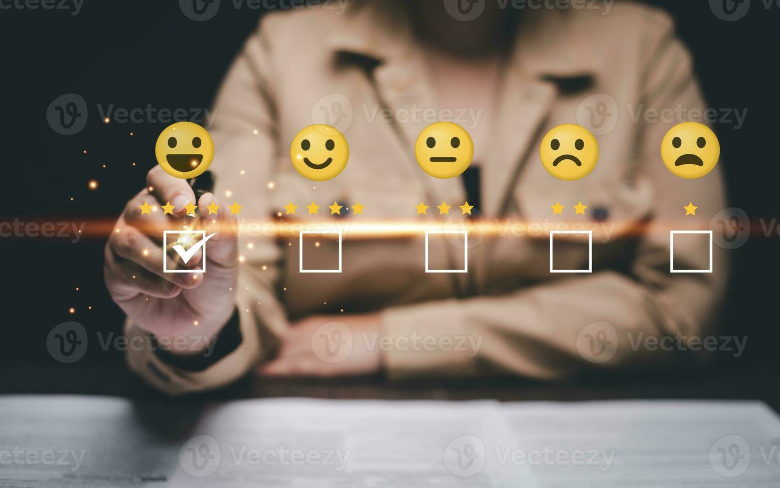 Customer service satisfaction concept. Hand Check marks of Positive emotion smiley face icon and five stars with copy space. Satisfied, feedback, review, good, best, good product and service, quality photo