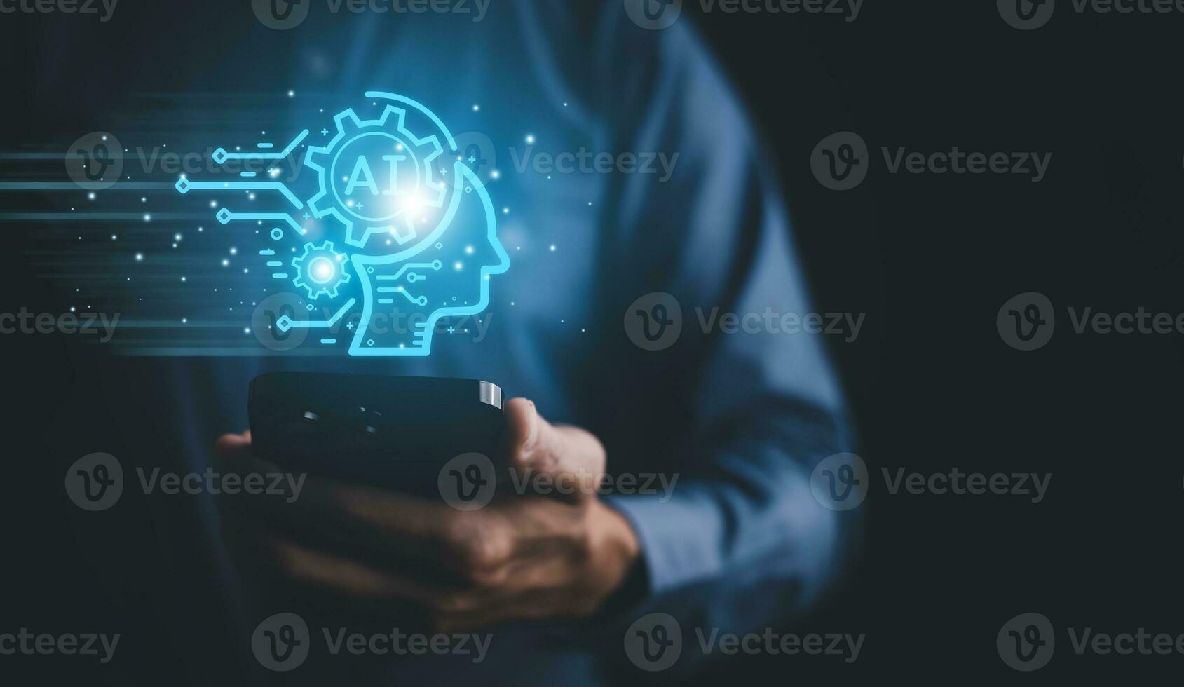 Programmer people working laptops or smartphones with AI, artificial intelligence software engineer coding on laptop computers with technology icons and binary code, big data, Ai bot digital machine photo