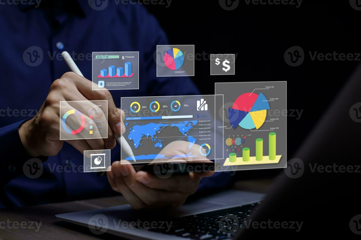 Businessman using a laptop with Analytics and Data Management Systems  Analyst working in Business Analytics and Data Management Systems to make reports and corporate strategy for finance, operations photo