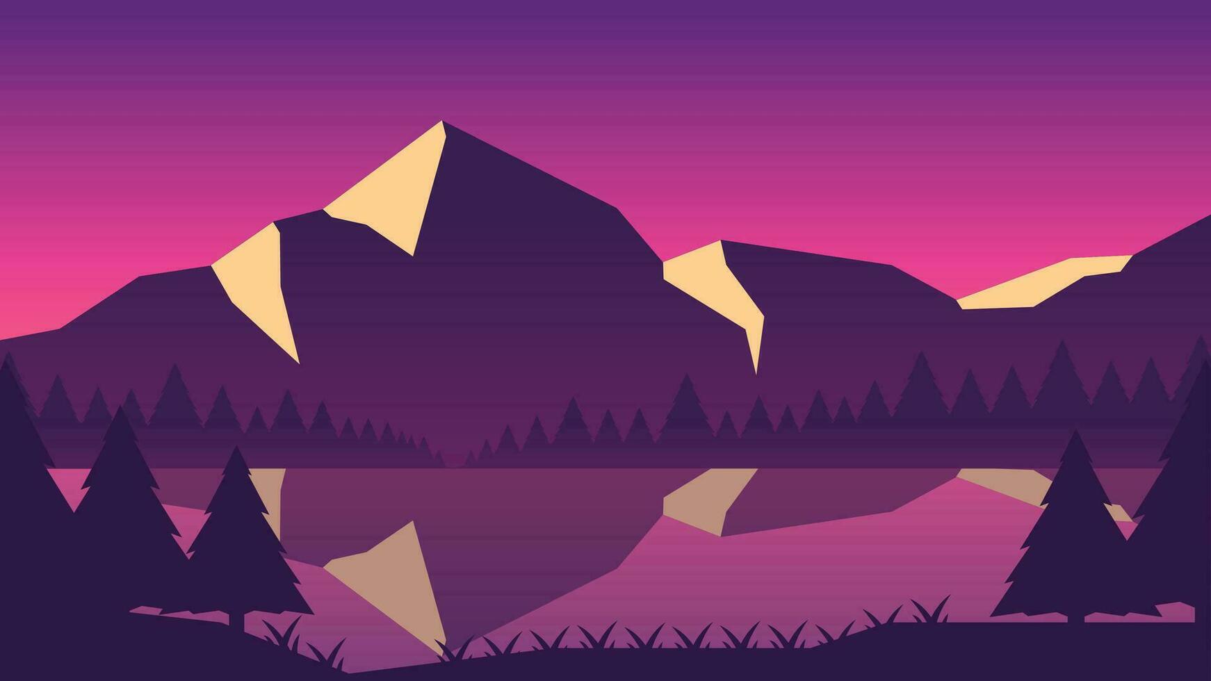 Mountain lake landscape in the night vector illustration. Mountain reflection in the lake. Mountain landscape for background, wallpaper, or landing page. Landscape panorama nature illustration