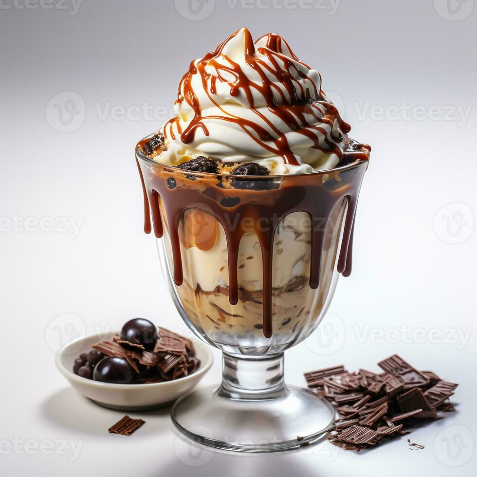Chocolate flavored ice cream on a white background photo