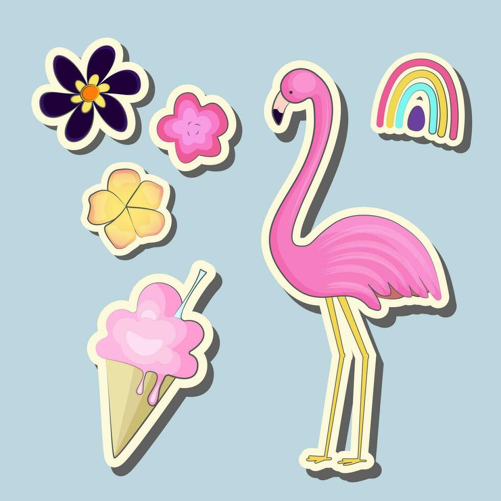 Set of cute summer stickers tropical flowers, flamingo, rainbow, ice cream. Perfect for summertime poster, card, scrapbooking, invitation. vector