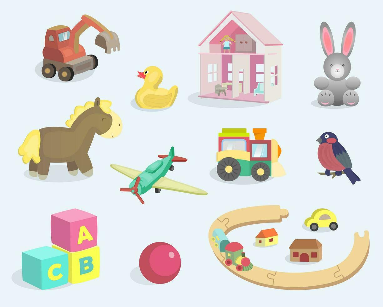 Baby toy set. Childish colored toys, doll house, plane, rail, locomotive, animals, cubes, ball. Vector illustration