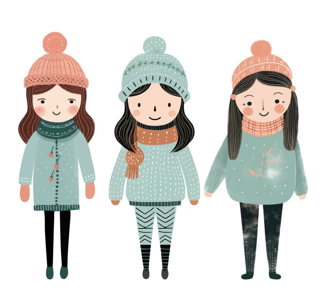 Set of funny girls in winter. Hand drawn girls in fairy tale scandi style. Winter clothes. vector