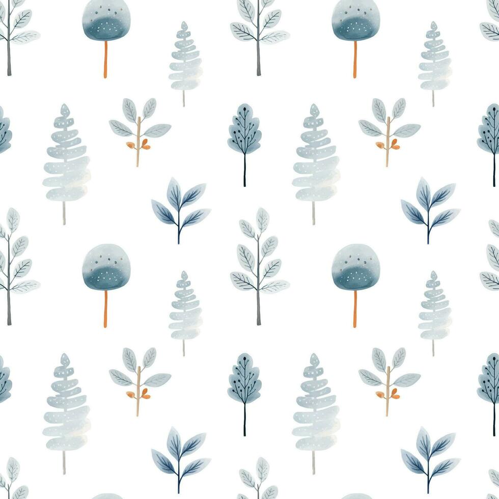 Seamless pattern with hand drawn branch, trees, pine. Vector pattern in scandinavian, ethnic style.