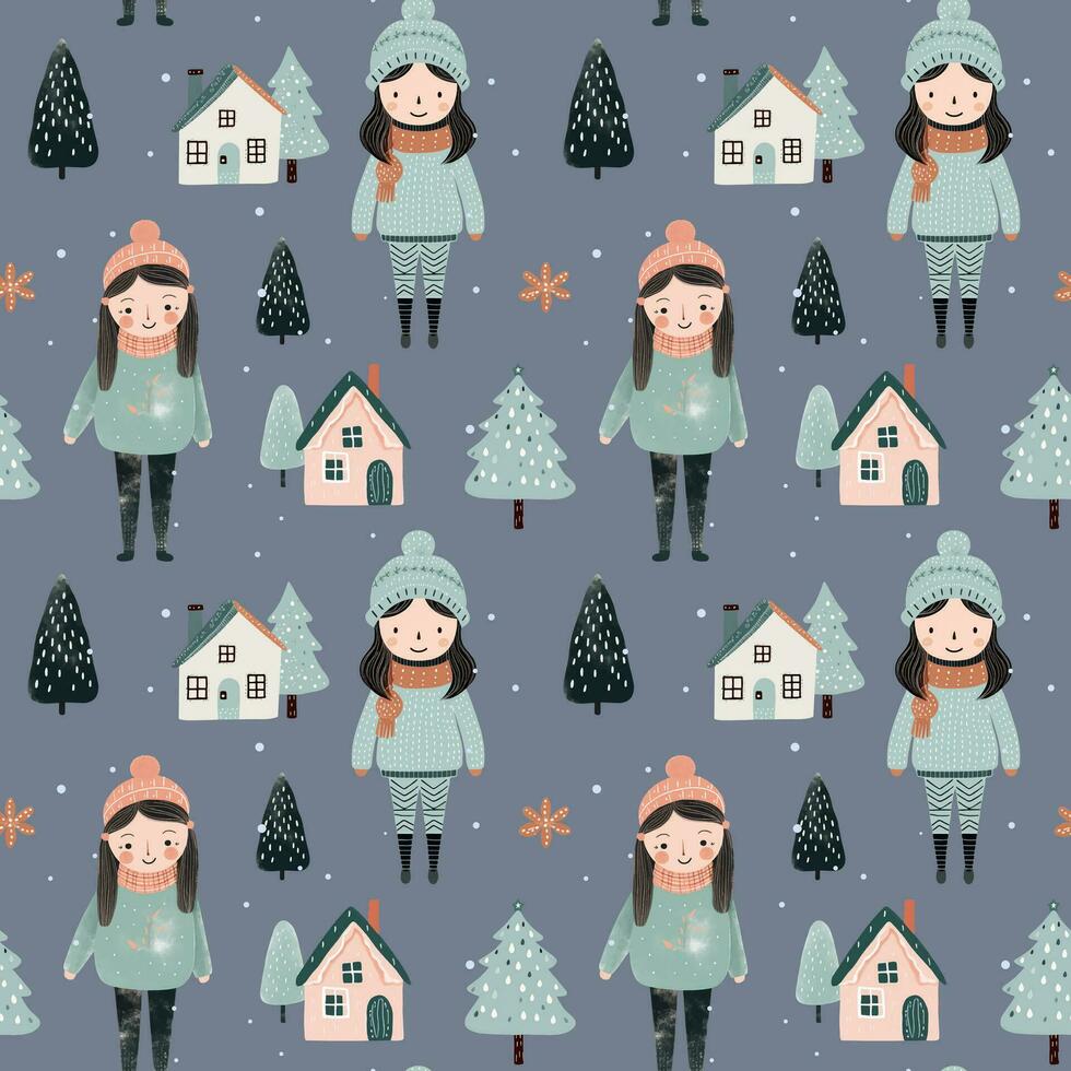 Seamless pattern with doodle girl, house and tree. Vector hand drawn christmas elements. Winter background