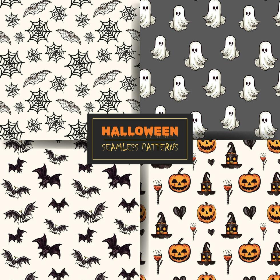 Set of seamless halloween patterns with pumpkin, bat, ghost, cobweb. Vector collection.