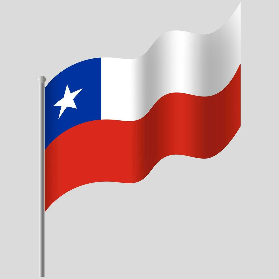 Waved Chile flag. Chilean flag on flagpole. Vector emblem of Chile