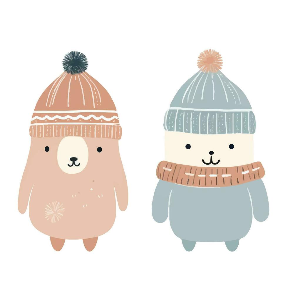 Hand drawn doodle animals. Cute scandinavian animals in winter clothes. Winter forest vector illustration