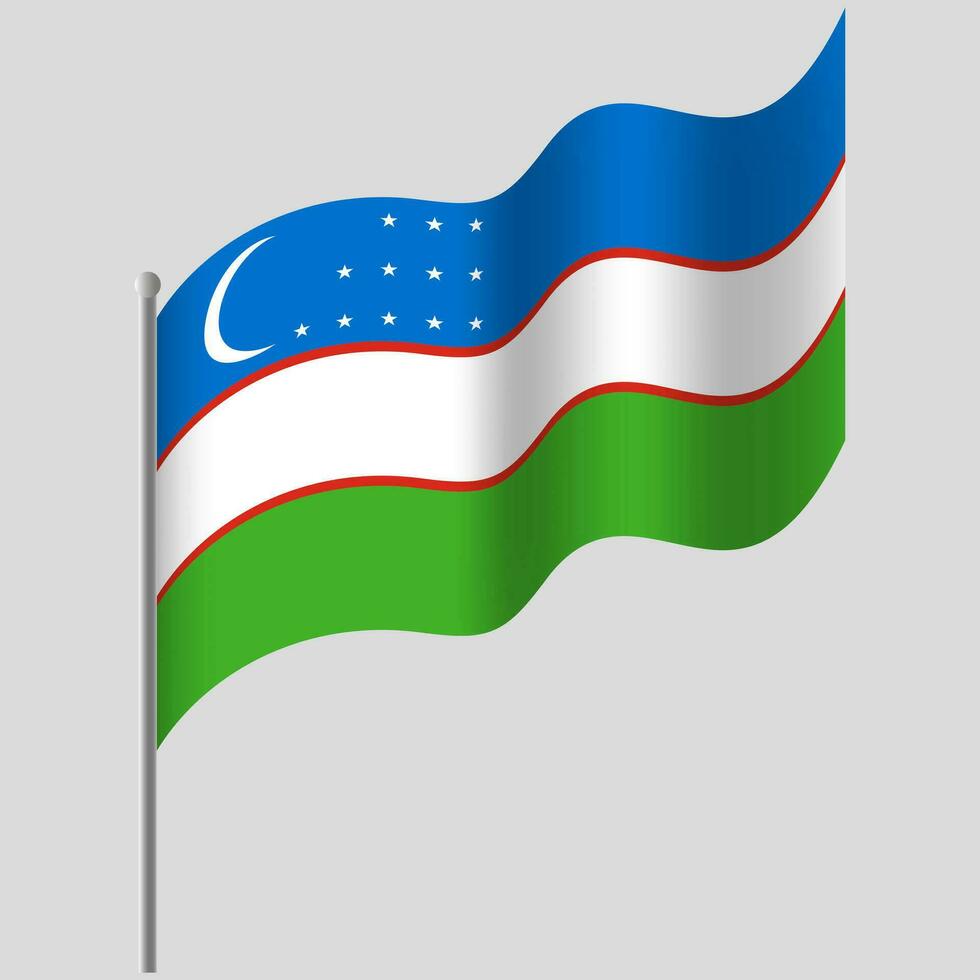 Waved Uzbekistan flag. Uzbekistan flag on flagpole. Vector emblem of Uzbekistan