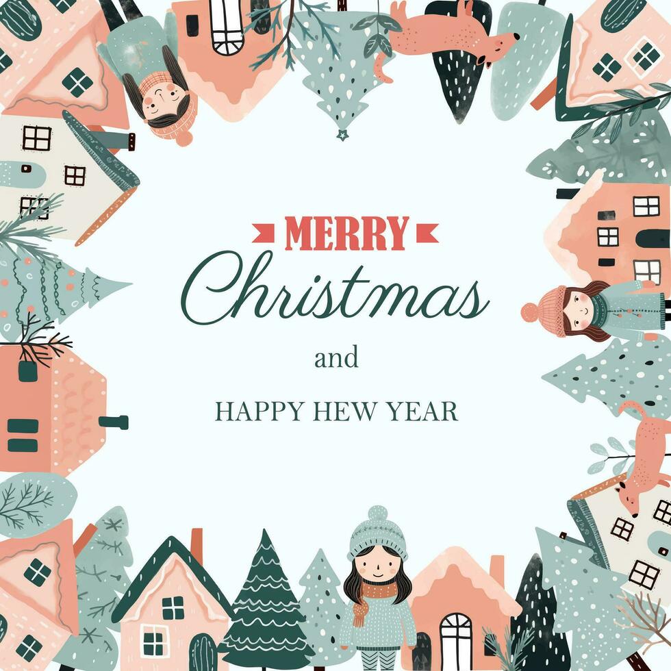 Square winter card, Christmas frame with text, scandi houses, trees, girls. New Year, winter ornament, poster vector