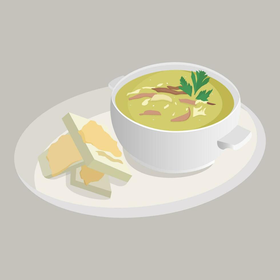 Hot soup in white dish and sandwiches. Vector illustration isolated.