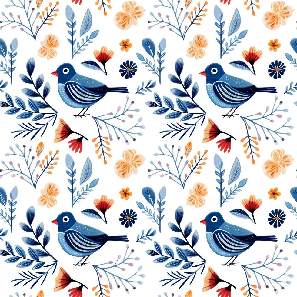 Seamless pattern birds and floral doodle. Watercolor hand drawn ...