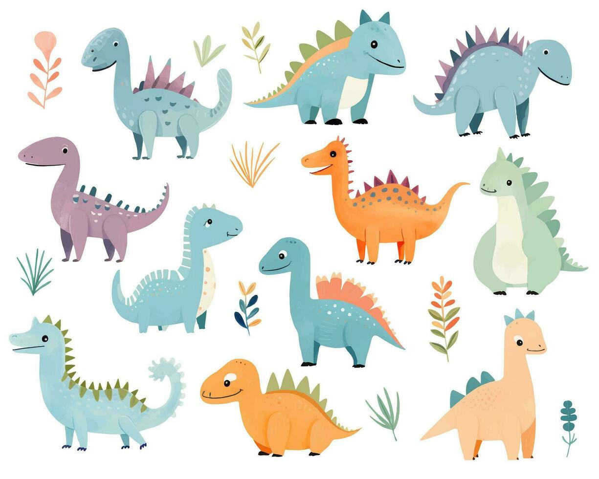 Vector set of hand drawn dinosaurs. Cute dinosaur illustrations