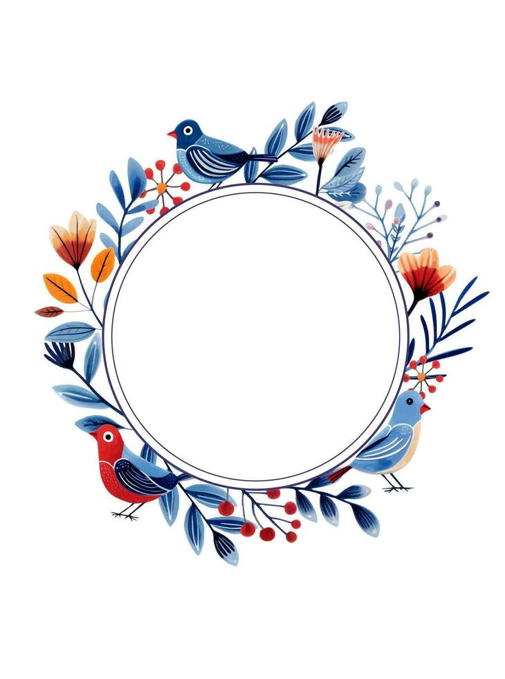 Round frame with birds in ethnic style. Birds and leaves for your design, template. Greeting card, border. vector