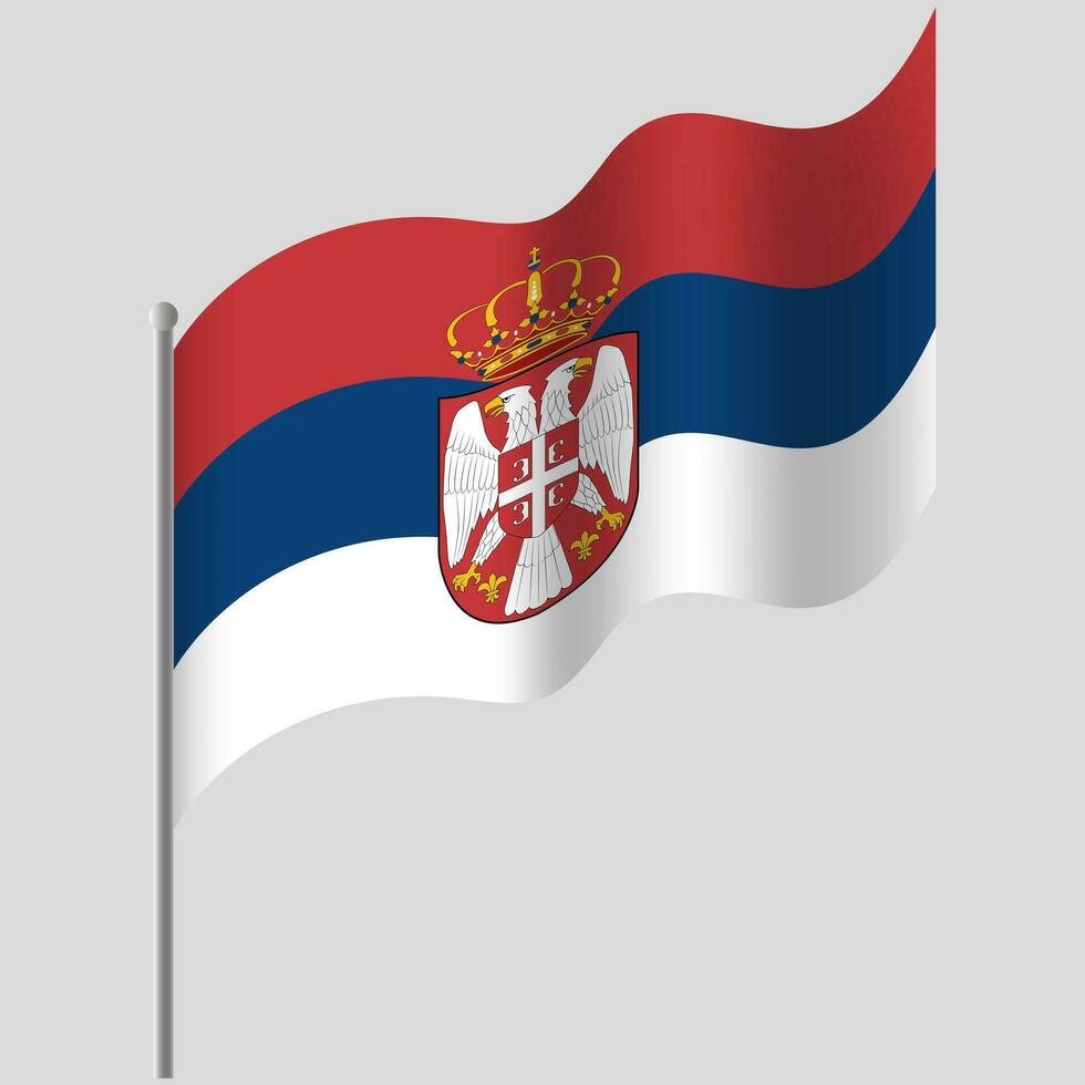 Waved Serbia flag. Serbia flag on flagpole. Vector emblem of Serbia