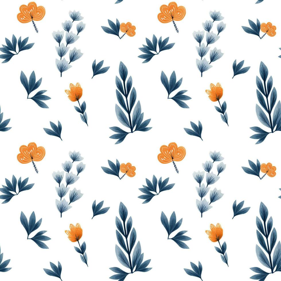 Floral seamless pattern with hand drawn branches, leaves. Vector pattern in the ethnic folklore style.