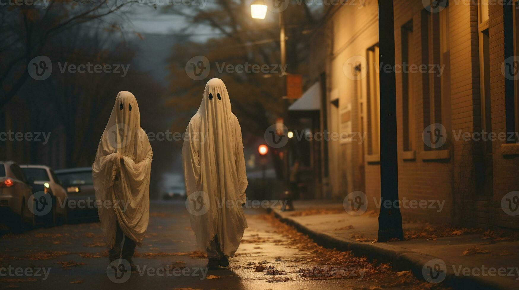 Ghosts walking on the street. Halloween concept. AI Generative photo