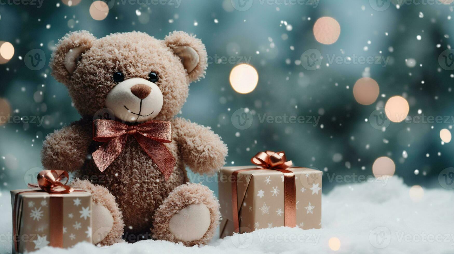 Teddy bear with gift boxes on snow and bokeh background. AI Generative photo