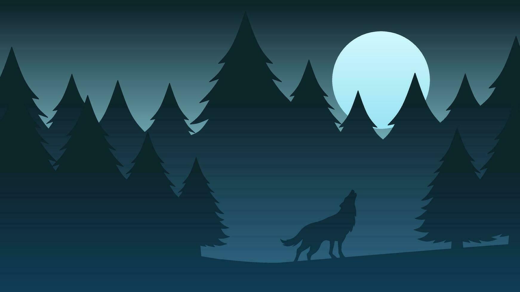 Wildlife wolf landscape vector illustration in the night. Wolf howling in full moon night illustration. Wildlife landscape for background, wallpaper or landing page. Pine forest wildlife in the night