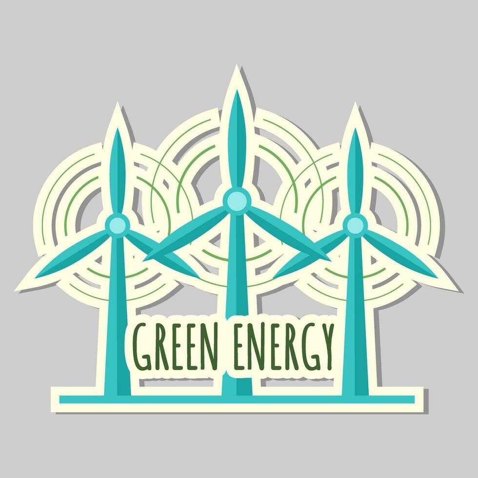 Ecology sticker with wind turbine. Windmill icon. Alternative energy. Save energy, save planet. Eco label. vector