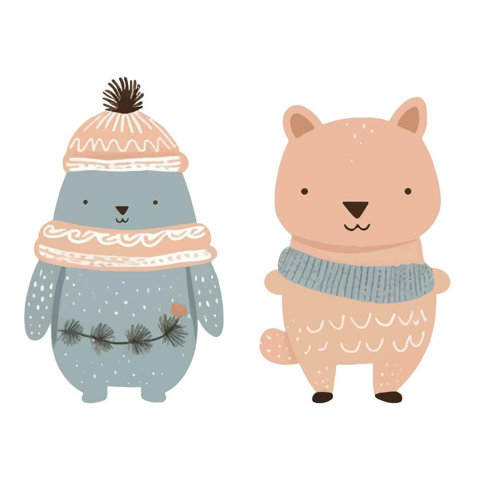 Hand drawn doodle animals. Cute scandinavian animals in winter clothes. Winter forest vector illustration