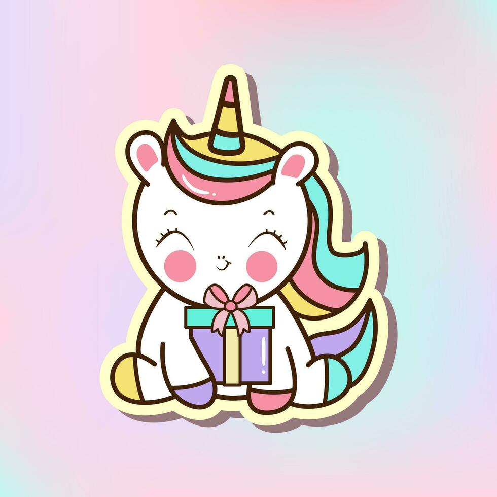 Cute unicorn with a gift. Cartoon vector illustration, sticker