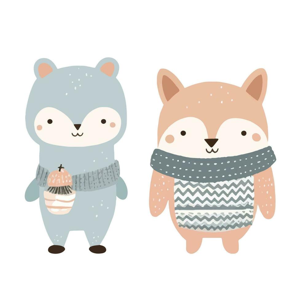 Hand drawn doodle animals. Cute scandinavian animals in winter clothes. Winter forest vector illustration