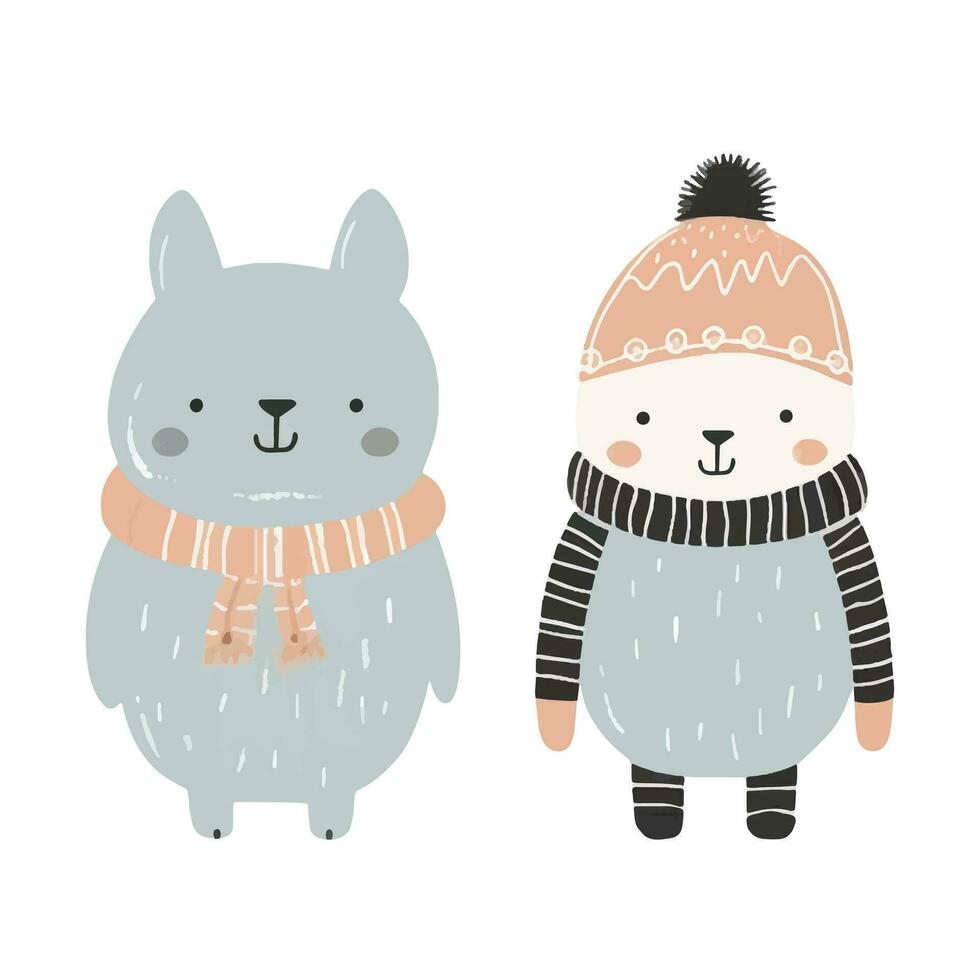 mano dibujado garabatear animales linda escandinavo animales en invierno ropa. invierno bosque vector ilustración