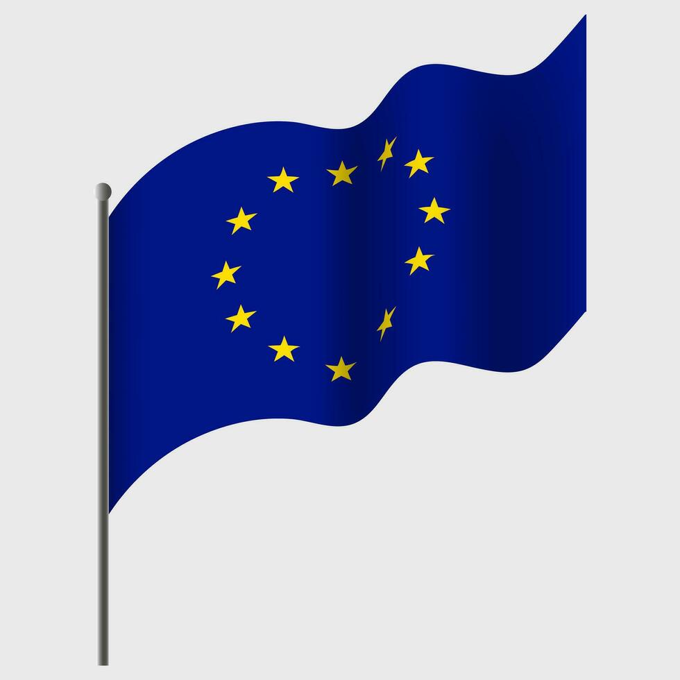 Waved Europa flag. European Union flag on flagpole. Vector emblem of Europa