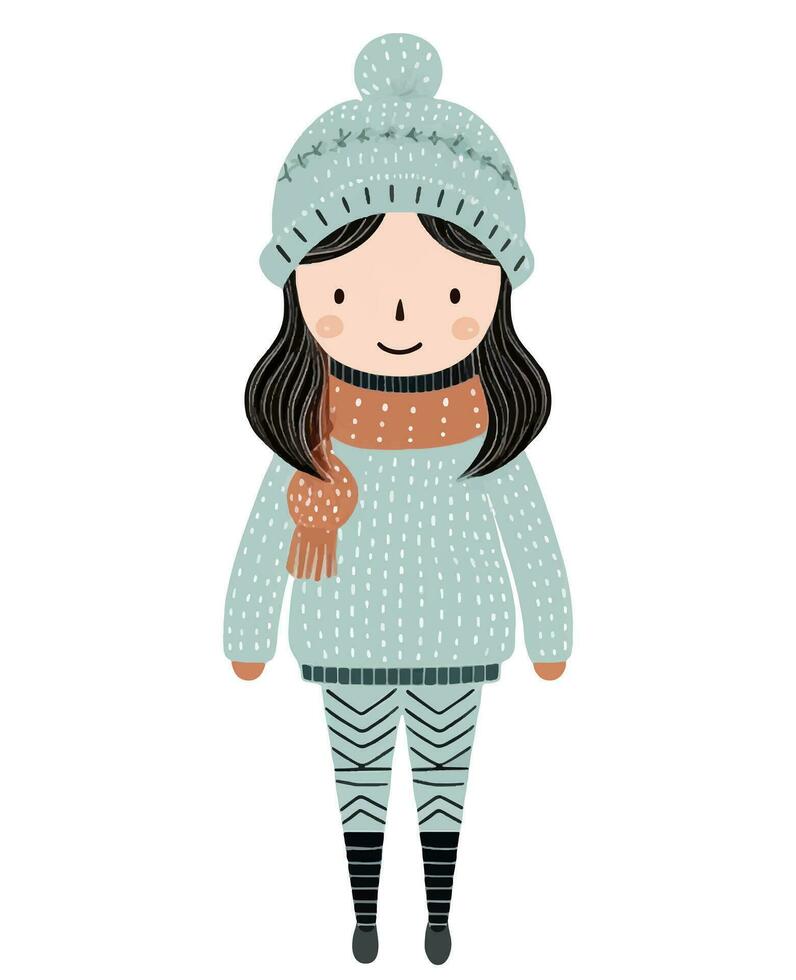Cute funny girl in winter clothes. Hand drawn girl in fairy tale scandinavian style. vector