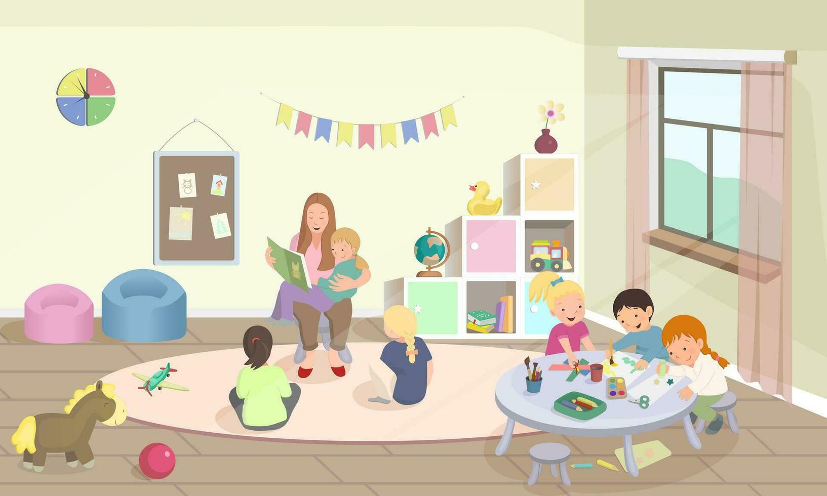 Kindergarten, preschool activities. Educator reads a book, children drawing, make crafts. Kids study with teacher. Modern room with furniture, sunlight from window. vector
