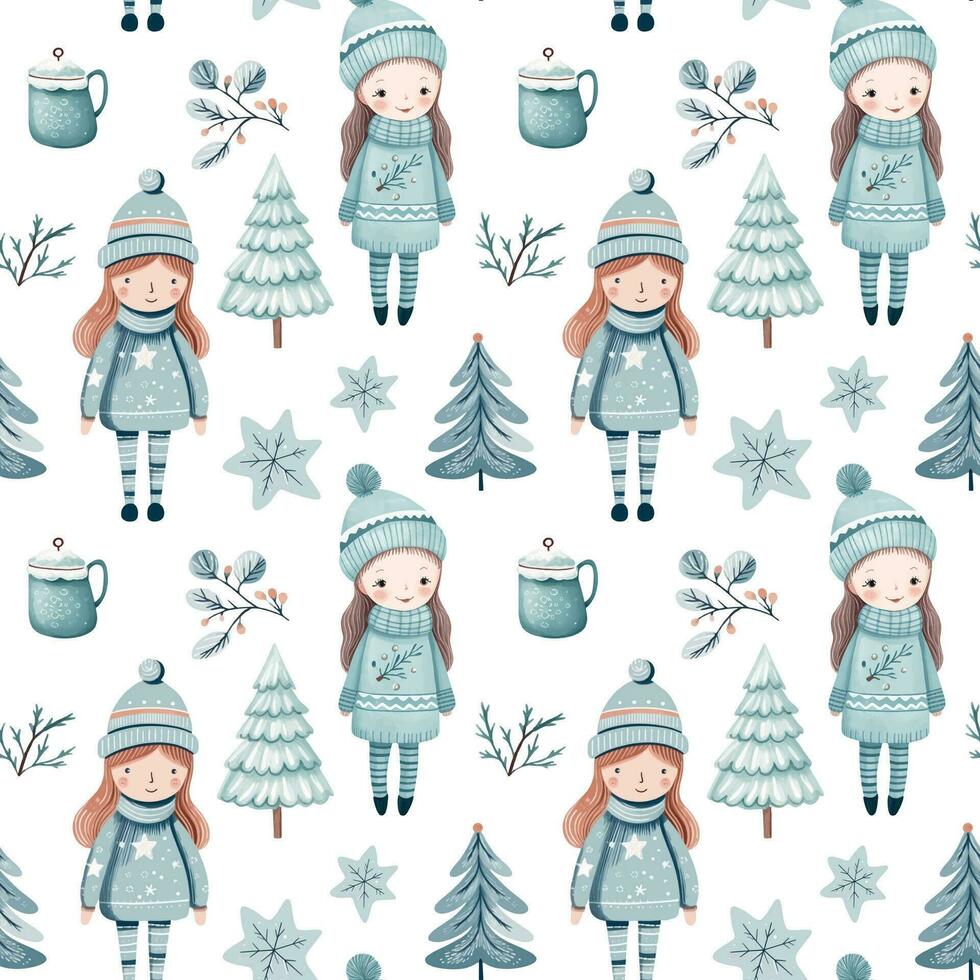 Seamless pattern with doodle girls, cup and tree. Vector hand drawn christmas elements. Winter background