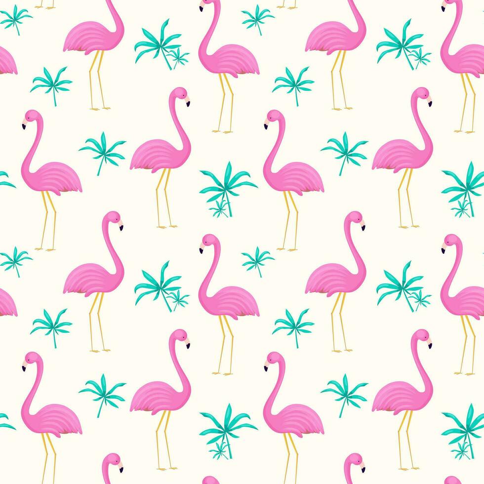 Summer seamless pattern of flamingo and tropical leaves. Vector background