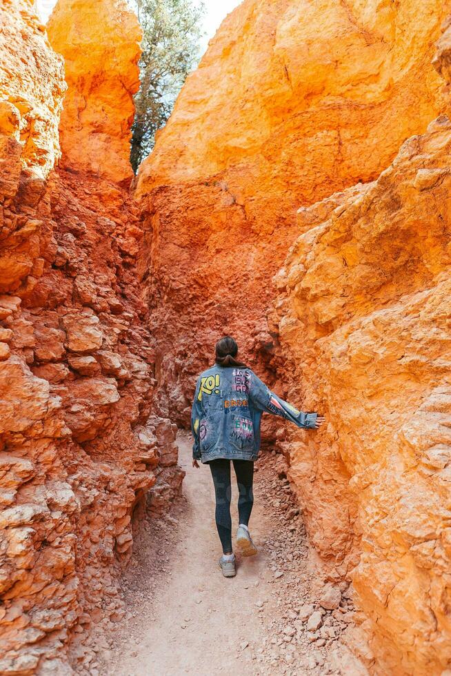 Hiker girl in Bryce Canyon hiking relaxing looking at amazing view during hike on summer travel in Bryce Canyon National Park, Utah, United States. photo