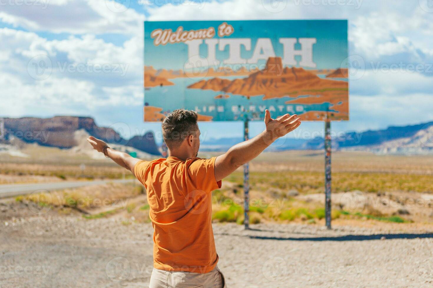 Welcome to Utah road sign. Large welcome sign greets travels in National Canyon, Utah, USA photo