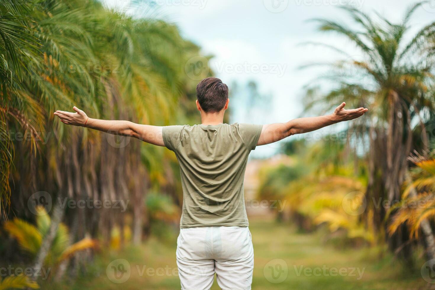 a man standing in front of palm trees photo
