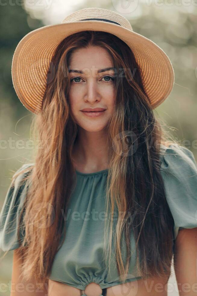 Portrait of beautiful young woman in the forest in the rays of the sun look at camera photo