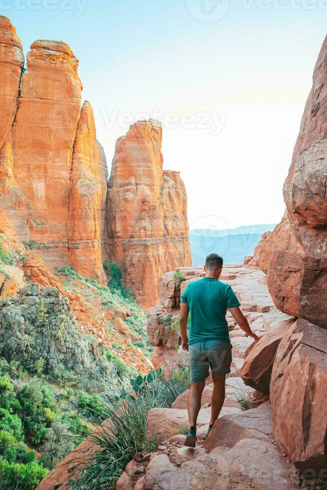 View from Scenic Cathedral Rock in Sedona with blue sky in Arizona photo