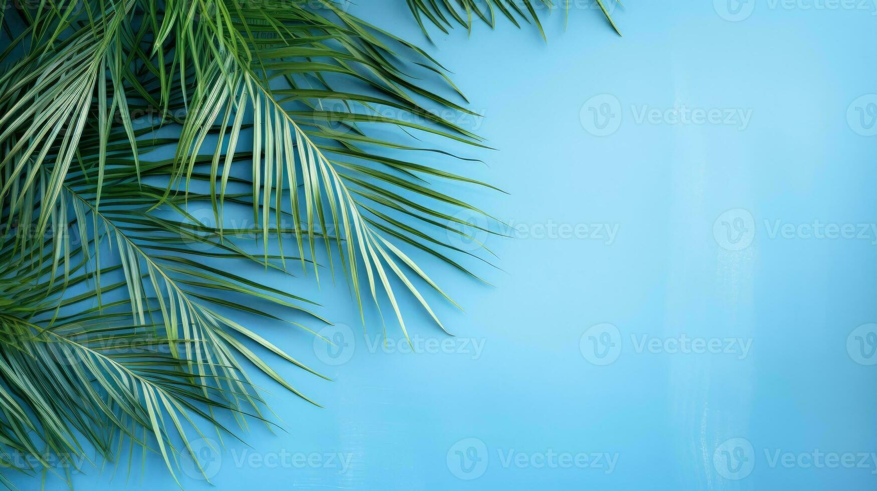 Palm leaf shadow, blue wall, summer background. Generative AI photo